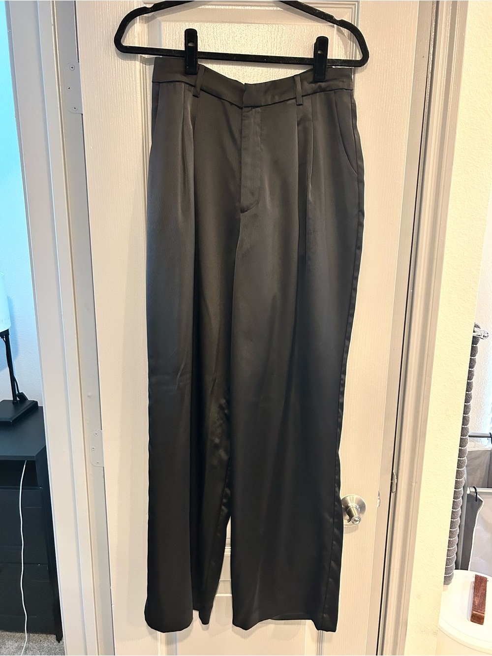 Wayf Black Satin-Look Wide Leg Dress Pants